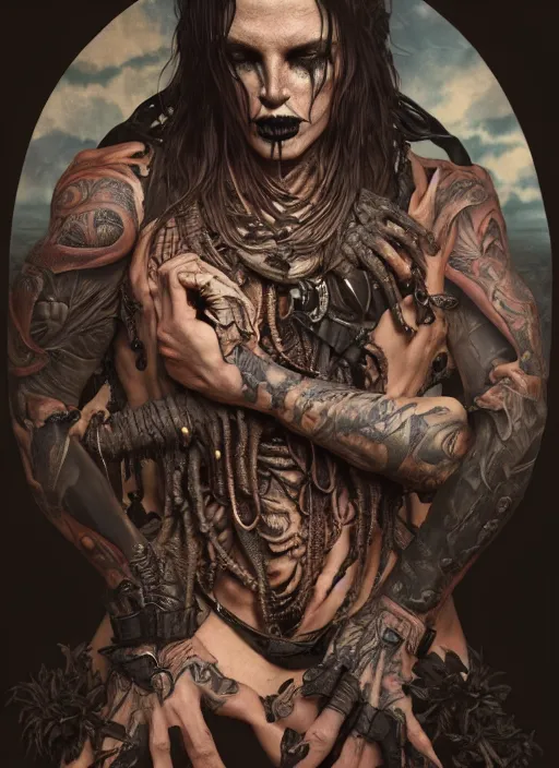 Image similar to ultra realistic, male human predator, goth, tattoos, leather, fantasy, flesh, bone, body horror, intricate details, eerie, highly detailed, octane render, 8 k, art by artgerm and alphonse mucha and greg rutkowski