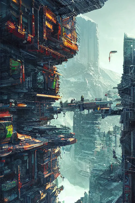 Prompt: beautiful digital illustration Swiss Alps cyberpunk by Marc Simonetti