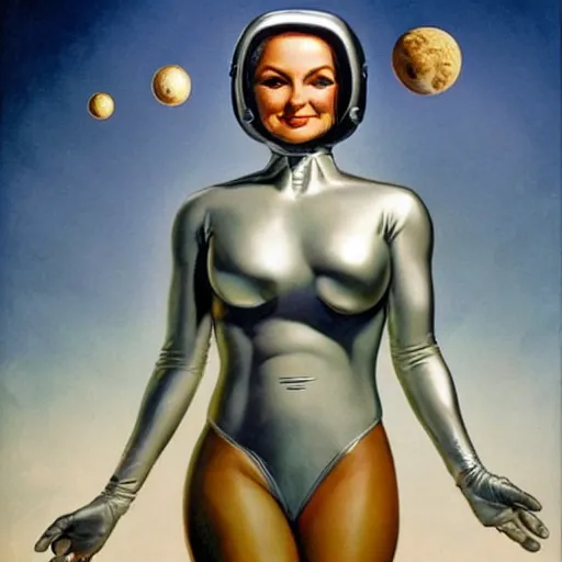 Prompt: beautiful Whitley Streiber Roswell grey alien extraterrestrial species female babe in a tight fitting silver metallic bikini spacesuit, , big silver head, green skinned, big black almond shaped alien eyes by Mort Kunstler and Gil Elvgren