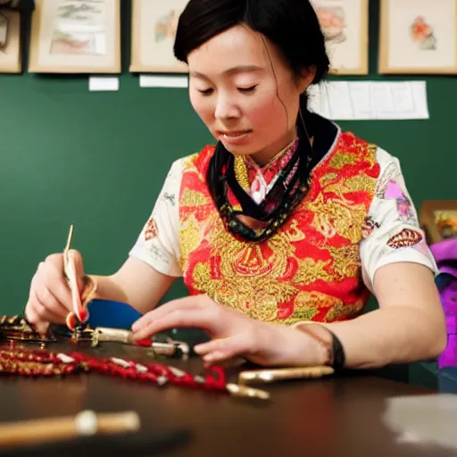 Prompt: A chinese female goldsmith at her desk crafting a necklace