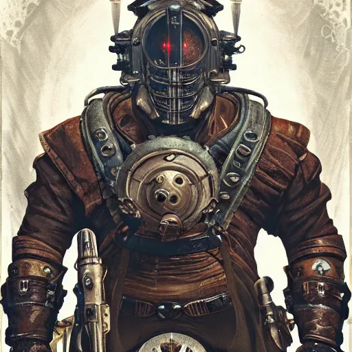 Image similar to an ultra detailed vector image of a big daddy from bioshock dressed as the hunter from bloodborne, concept art by alphonse mucha and greg rutkowski, scary shadows, blood moon eclipse, polaroid octane render, laminal space