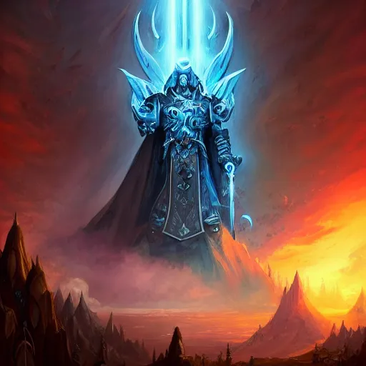 Prompt: A ultra detailed matte painting of Arthas lich king, by Peter mohrbacher, trending on ArtStation