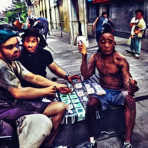 Prompt: with my homies playin street gambling, extremely human detailed, brutal human detailed!!!, hdr human detailed, photo hyper realistic, the best photograph of august, pinterest render, vogue render