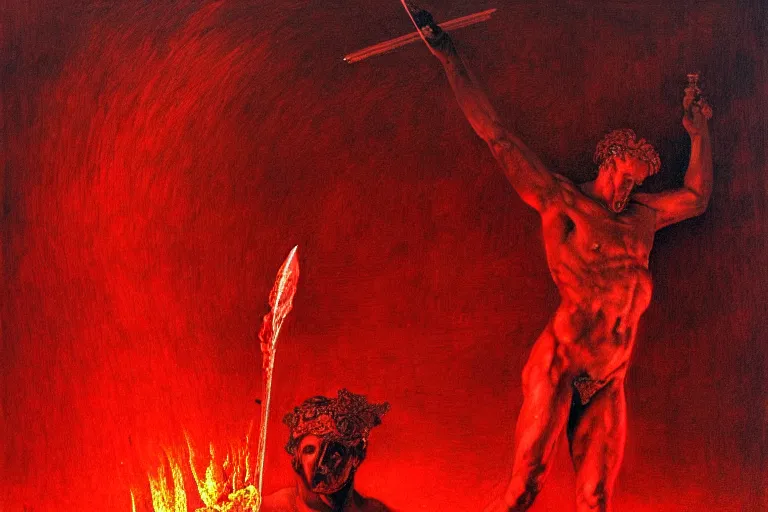 Image similar to only with red, a red melted apollo with a laurel wreath and a flaming sword announce the win, atene in the background, in the style of beksinski, part by hopper, part by rodcenko, part by hofbauer, intricate composition, red by caravaggio, insanely quality, highly detailed, masterpiece, red light, artstation