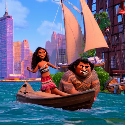 Image similar to moana in new york city, pixar, 8 k