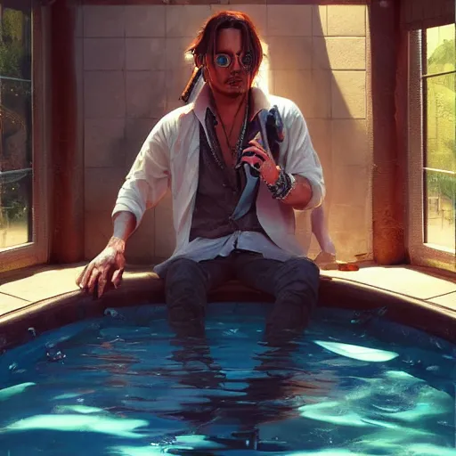 Image similar to johnny depp in a pool full of chip dip, ultra high detailed, oil painting, greg rutkowski, charlie bowater, yuumei, yanjun cheng, unreal 5, daz, hyperrealistic, octane render, rpg portrait, dynamic lighting