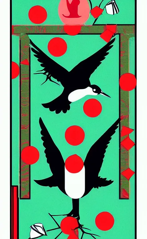 Image similar to poker game card design, simple, modern style, solid colors, japanese crane bird in center, pines symbol in the corners, vivid contrasts, designed by junior cards, kickstarter