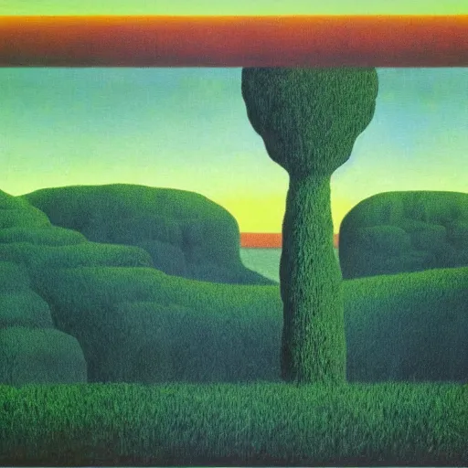 Image similar to painting of a lush natural scene on an alien planet by rene magritte. beautiful landscape. weird vegetation. cliffs and water.