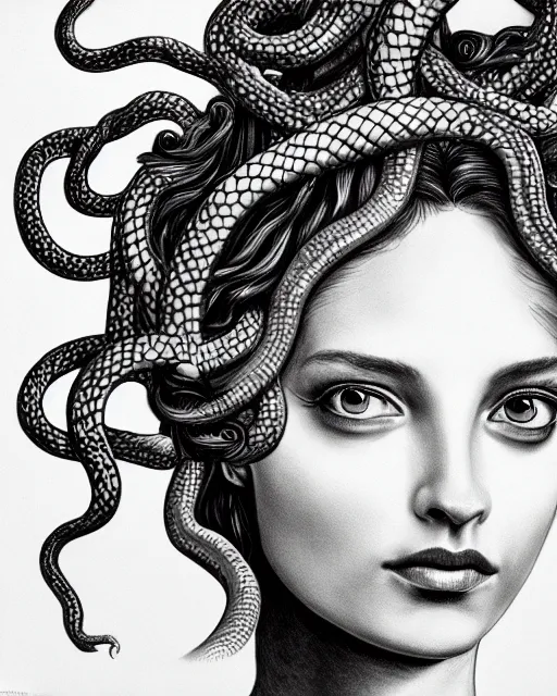 Image similar to realistic portrait of beautiful medusa with her snakes, golden, delicate, facing camera, hyper realism, 1 4 5 0, ink, ultra realistic, 8 k