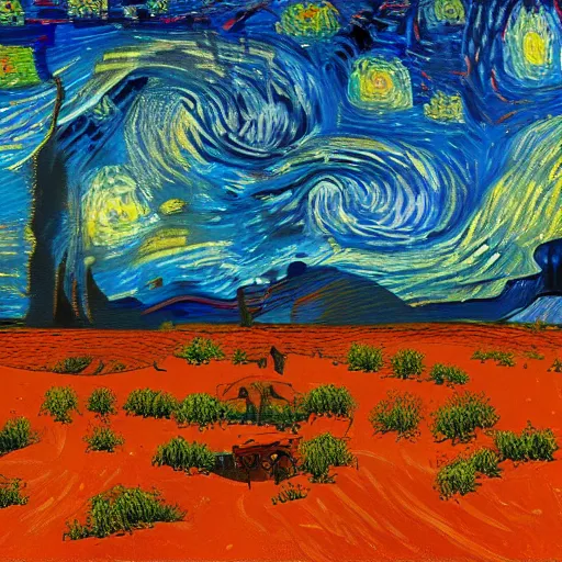 Image similar to starry night on mars, red dust, snakes, dim distant light, towers, painting by van gogh