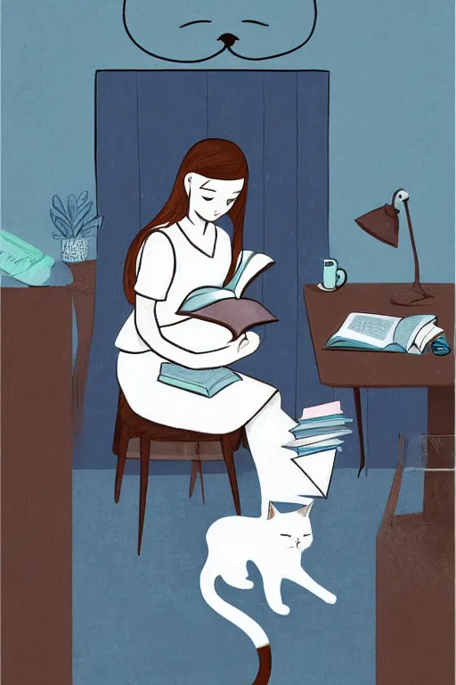 Image similar to a digital painting of a girl reading a book with a cat in A comfortable study room at night,blue and grey theme,JK uniform ,Hairdryer,blue theme,S line, by anmi and reoenl