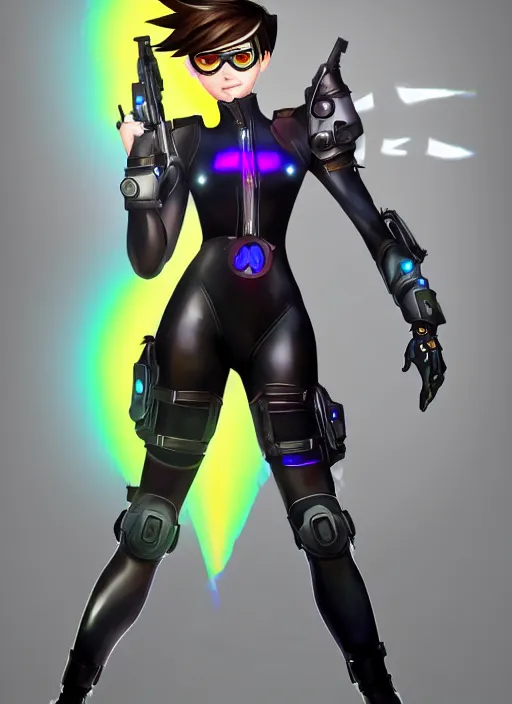 Image similar to full body digital artwork of tracer overwatch, confident pose, wearing black iridescent rainbow latex, 4 k, expressive happy smug expression, makeup, in style of mark arian, wearing detailed black leather collar, wearing sleek armor, black leather harness, expressive detailed face and eyes,