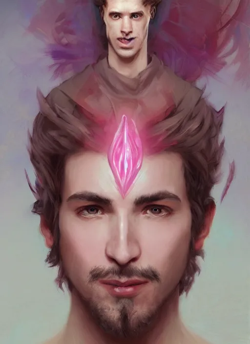 Image similar to character concept portrait of an attractive young smirking Spanish wizard with pink skin conjuring a love spell, a floating iridescent spell book in the center, intricate, elegant, digital painting, concept art, smooth, sharp focus, illustration, from Metal Gear, by Ruan Jia and Mandy Jurgens and William-Adolphe Bouguereau, Artgerm