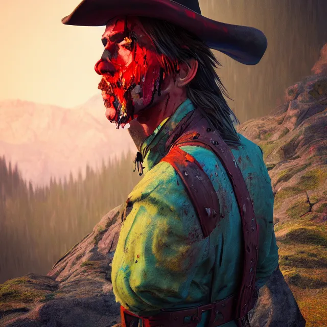 Image similar to a portrait of a bloody mysterious colorful cowboy in a mountain scenery, cartoon, unreal engine, octane render, artstation, digital art.