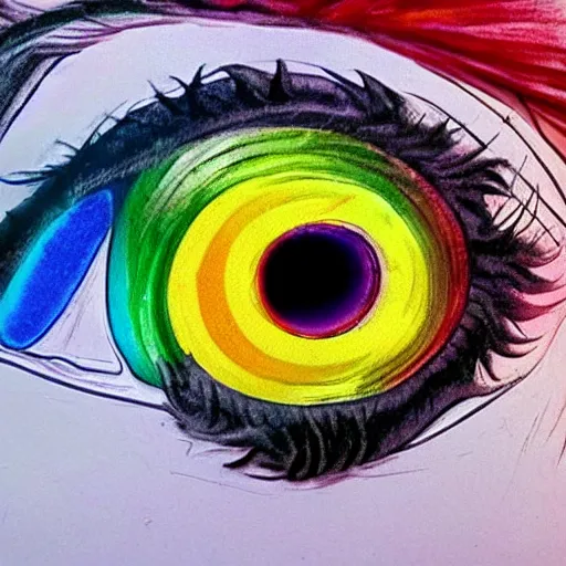 Prompt: an eye filled with a rainbow reflection as it's imbued with divine creative power, allowing it to see its inner self for the first time