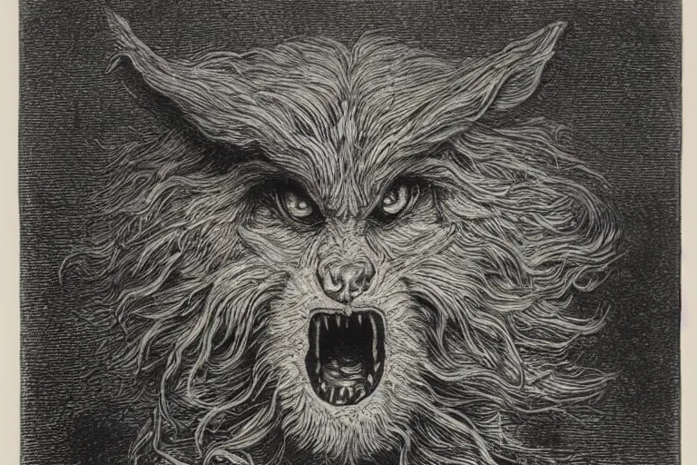 Prompt: werewolf face, Gustave Dore lithography