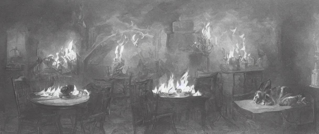 Image similar to a photograph (flash on) of a relaxed anthropomorphic dog sitting on a chair at a dinner table (no fire at all there), surrounded by flames, cup of coffee on the table, huge fire on this dining room in the background, a lot of flames behind the dog, black smoke instead of the ceiling, no watermark