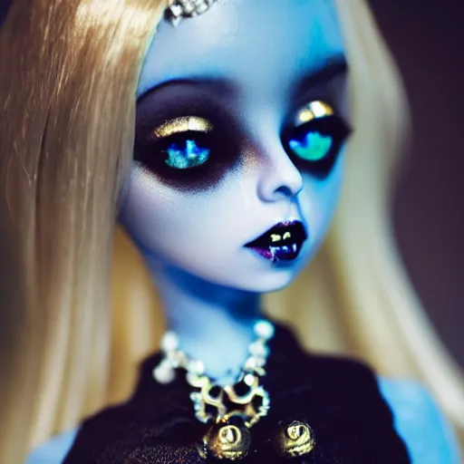 Image similar to lovely realistic ball jointed high end blue gold vampire doll with fashion and cute accessories, inside gothic doll manor bedroom, god rays, dust particles, photorealistic, aesthetic shot, worms eye view, macro camera lens, high definition, thematic, cinematic, lens flare