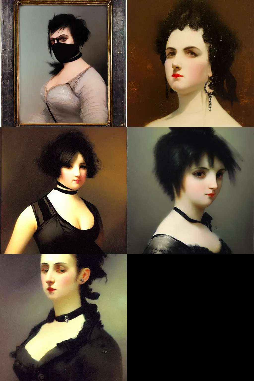 Prompt: a goth portrait painted by ivan aivazovsky. her hair is dark brown and cut into a short, messy pixie cut. she has a slightly rounded face, with a pointed chin, large entirely - black eyes, and a small nose. she is wearing a black tank top, a black leather jacket, a black knee - length skirt, and a black choker.