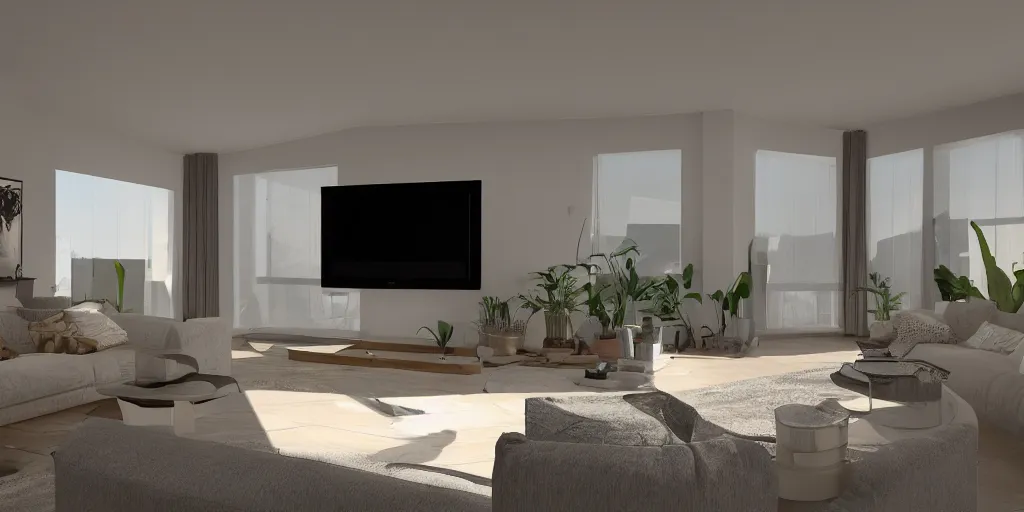 Image similar to Equirectangular render of a modern living room, natural colors, ambient occlusion, national geographic, 8k uhd