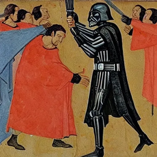 Image similar to Medieval painting of Darth Vader fighting in Rome