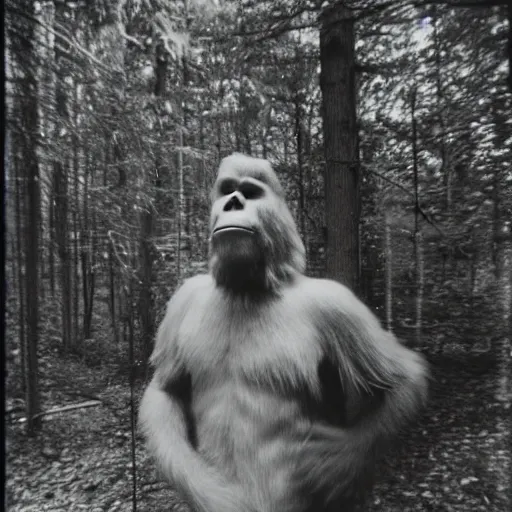 Prompt: 80s polaroid photo of bigfoot in the woods, candid flash photography
