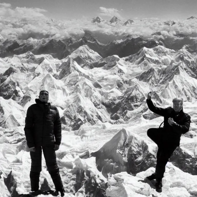 Image similar to historic photo of Donald Trump doing the macarena on top of mount everest.