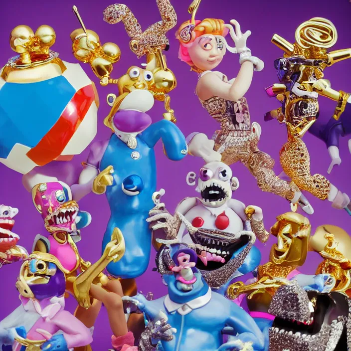 Image similar to jeff koons hip hop bauhaus style street sharks sailor moon wearing diamond grillz and a ton of bussdown iced gold bling in wallace & gromit strata - cut claymation, ultra realistic, concept art, intricate details, serious, highly detailed, photorealistic, octane render, 8 k, unreal engine, art by artgerm