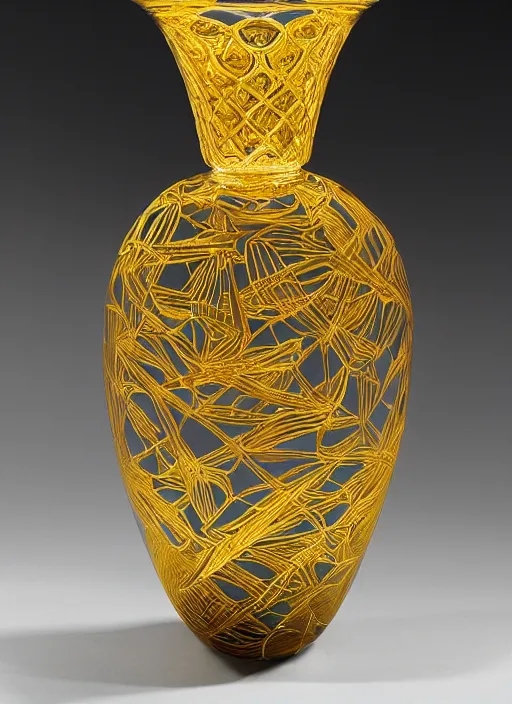 Image similar to Vase in the shape of impossible geometry by Escher, intricate gold threads, containing colorful flowers, designed by Rene Lalique