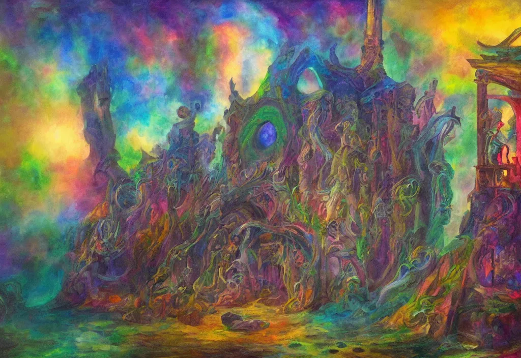 Image similar to iridescent temple of sleep advanced architecture dreamer mythos phantasms, award winning oil painting, polychromatic spectrum