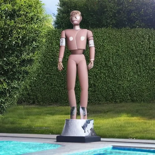 Image similar to a realistic detailed photo of a guy who is an attractive humanoid who is half robot and half humanoid, who is a male android, soccer player timo werner, shiny skin, posing like a statue, blank stare, by the pool, on display, showing off his muscles, humanoid robot, frozen ice statue, made of ice