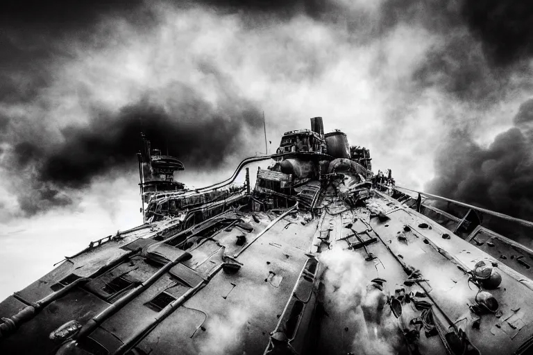 Prompt: dieselpunk battleship rolling onto its side, capsizing, clouds of smoke, bird's eye view, wide shot, 4k high res, 120 black and white film