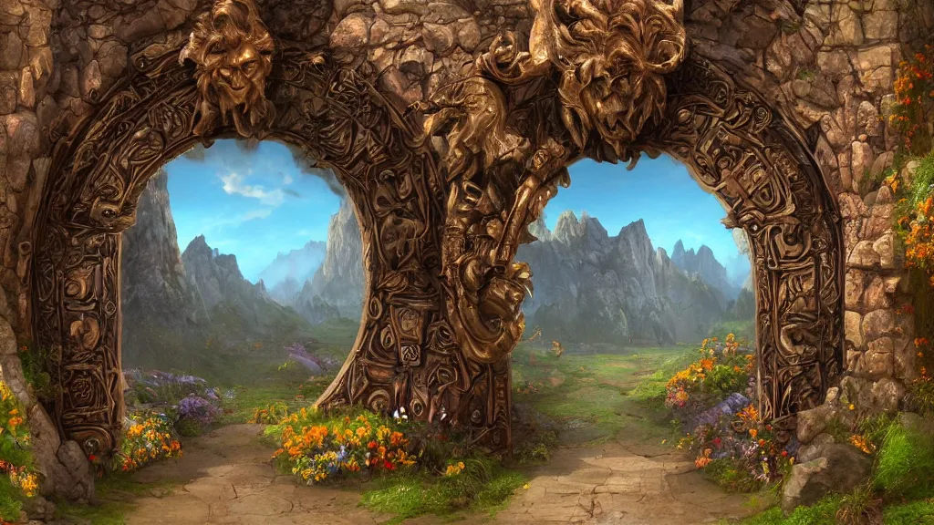 Image similar to A giant medieval fantasy portal gate with a rusty gold carved lion face at the center of it, the portal takes you to another world, full of colorful flowers on the lost Vibes and mountains in the background, spring, delicate fog, sea breeze rises in the air, by andreas rocha and john howe, and Martin Johnson Heade, featured on artstation, featured on behance, golden ratio, ultrawide angle, f32, well composed