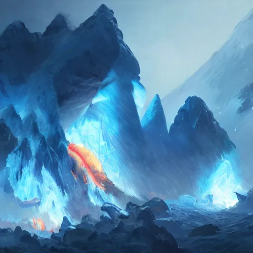 Image similar to blue glacier volcano eruption, blue glacier volcano eruption, blue glacier volcano eruption, ice cold blue theme, bright masterpiece artstation. 8 k, sharp high quality artwork in style of jose daniel cabrera pena and greg rutkowski, concept art by tooth wu, blizzard warcraft artwork, hearthstone card game artwork