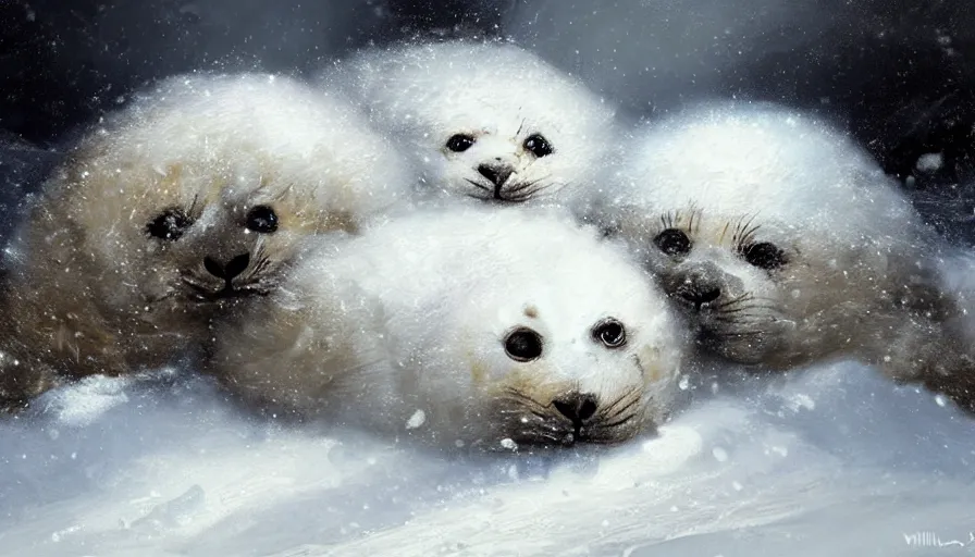 Image similar to highly detailed painting of cute furry white baby seals cuddled up inside snowy fantasy ice crystal cavern by william turner, by greg rutkowski, by william constable, thick brush strokes and visible paint layers, 4 k resolution