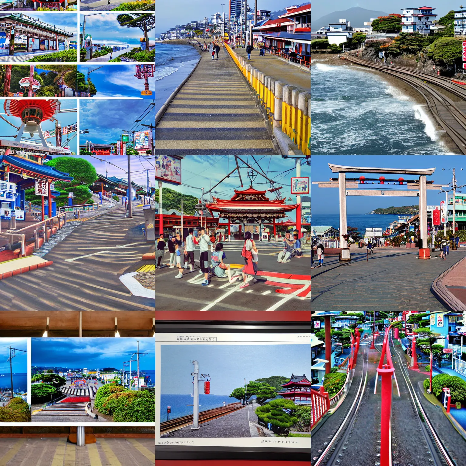 Prompt: A beautiful landscape of Photorealistic photo, Japan Shonan Enoshima, highly detailed, Enoden railway crossroads, scence of Slam Dunk