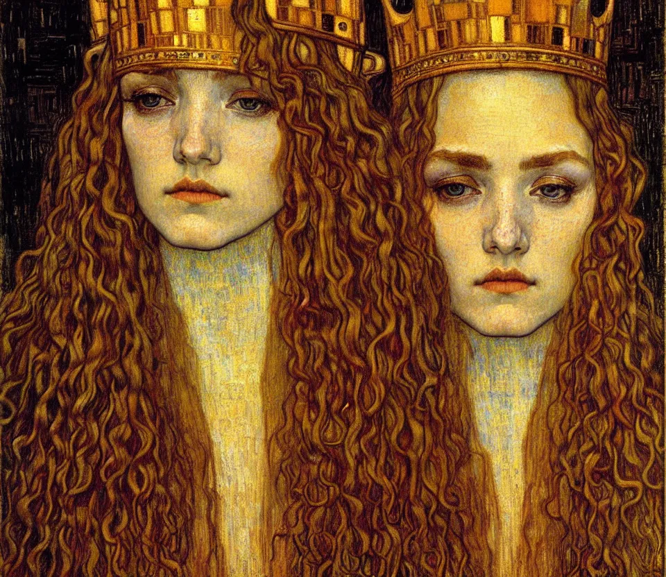 Image similar to detailed realistic beautiful young medieval queen face portrait by jean delville, gustav klimt and vincent van gogh, art nouveau, symbolist, visionary, gothic, pre - raphaelite, muted earthy colors, desaturated