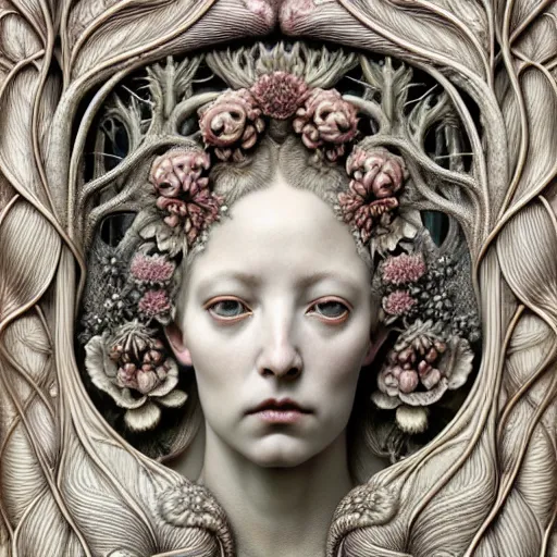 Image similar to detailed realistic beautiful porcelain calaveras goddess portrait by jean delville, gustave dore, iris van herpen and marco mazzoni, art forms of nature by ernst haeckel, art nouveau, symbolist, visionary, gothic, neo - gothic, pre - raphaelite, fractal lace, intricate alien botanical biodiversity, surreality, hyperdetailed ultrasharp octane render