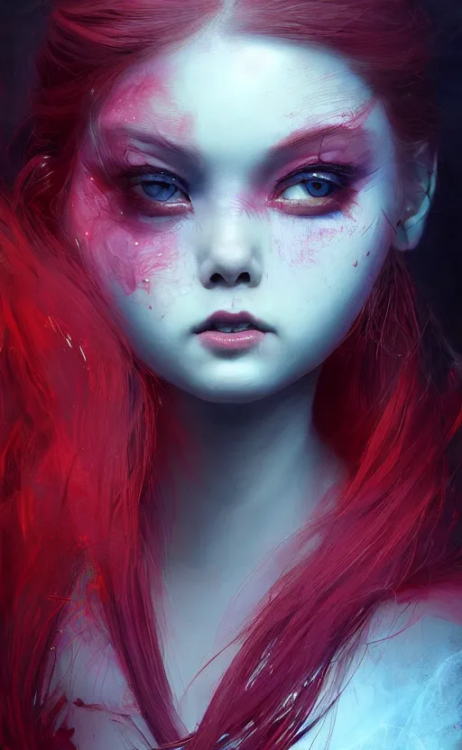 Image similar to insanely detailed full body 3 d portrait of girl with pouty aerochrome ( ( ( lips ) ) ), powerful, adorable, expressive eyes, big evil grin, kawaii playful pose of a dancer, greg rutkowski, charlie bowater, yuumei, stephen gammell, unreal 5, daz, hyperrealistic, dark, dynamic lighting, fantasy art, beautiful face