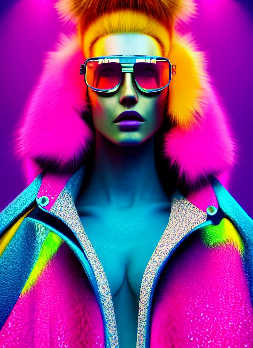 Image similar to stylish coat for a rave, bright colors, many details, prints, photo for a magazine, photo for a store, fashion photography, Vogue, 135 mm, cinematic, hyper realism, high detail, octane render, 8k, chrome accents, very coherent symmetrical artwork, perfect face model, full length photo, Upper and lower body, even skin tone