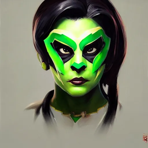 Image similar to greg manchess portrait painting of jade from mortal kombat wearing a halfmask as overwatch character, medium shot, asymmetrical, profile picture, organic painting, sunny day, matte painting, bold shapes, hard edges, street art, trending on artstation, by huang guangjian and gil elvgren and sachin teng