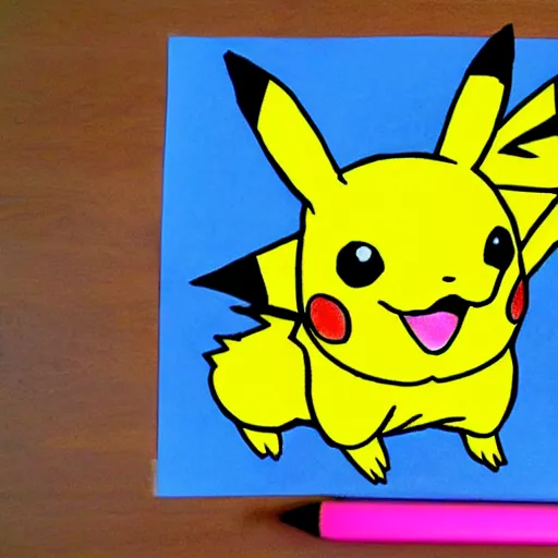 Prompt: kids crayon drawing of Pikachu on paper