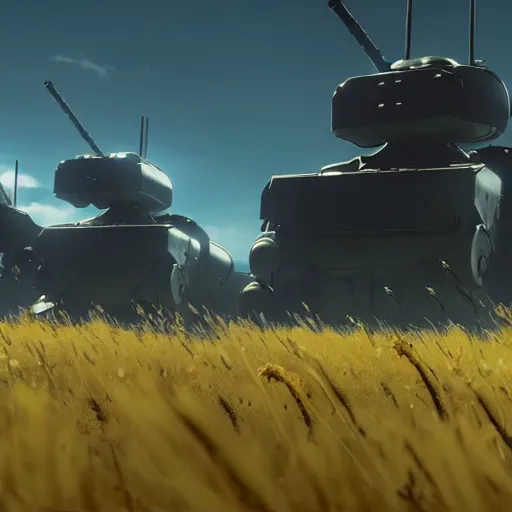 Prompt: a high resolution image from nier : automata, featuring 9 s android fighting an armoured vehicles column in yellow rye field under pure blue skies