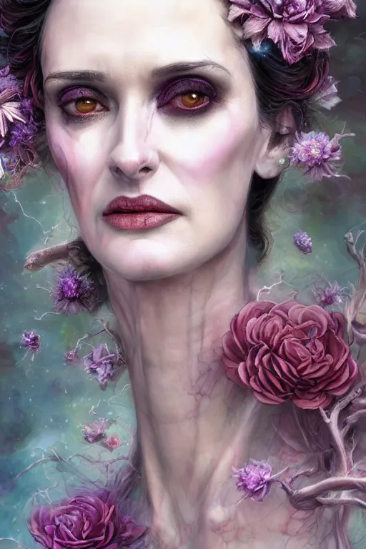 Image similar to closeup portrait shot of winona ryder as delirium of the endless, the sandman, the fairy queen, floral growth, thick fancy makeup, highly detailed, digital painting, artstation, concept art, soft focus, depth of field, artgerm, tomasz alen kopera, peter mohrbacher, donato giancola, wlop, boris vallejo