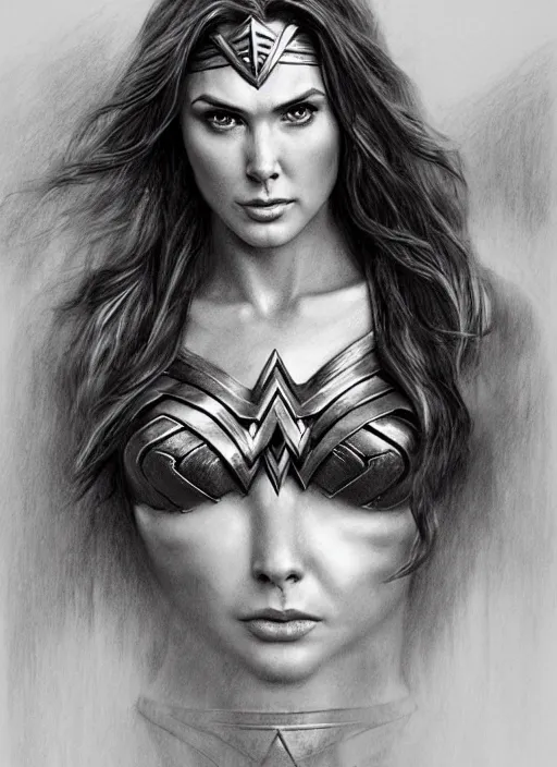 Image similar to realistic portrait pencil sketch of wonder woman, old mystic ruins, afternoon, intricate, elegant, highly detailed, digital painting, sharp, focus, by artgerm and greg rutkowski