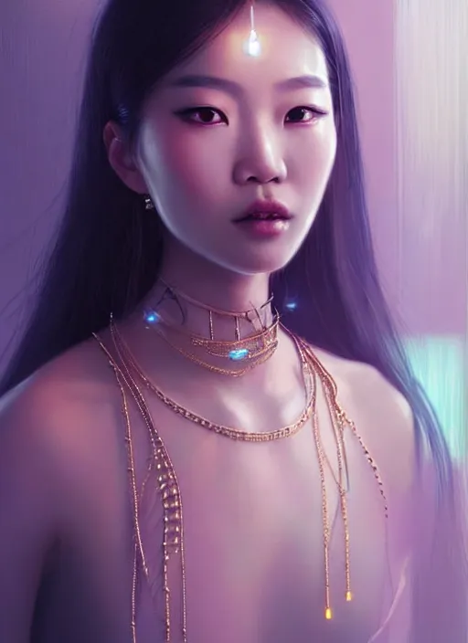 Prompt: portrait of asian female humanoid with transparent jewelry accessories, very details, elegant, cyber neon lights, highly detailed, digital illustration, trending in artstation, trending in pinterest, glamor pose, concept art, smooth, sharp focus, art by artgerm and greg rutkowski