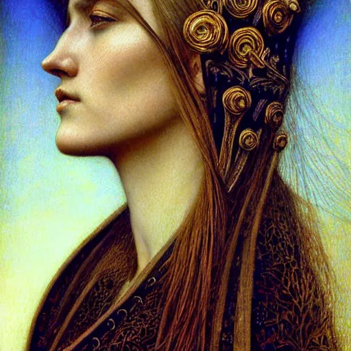 Image similar to detailed realistic beautiful young medieval queen face portrait by jean delville and marco mazzoni, art nouveau, symbolist, visionary, gothic, pre - raphaelite