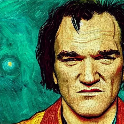 Image similar to an artistic portrait of quentin tarantino, in style of van gogh