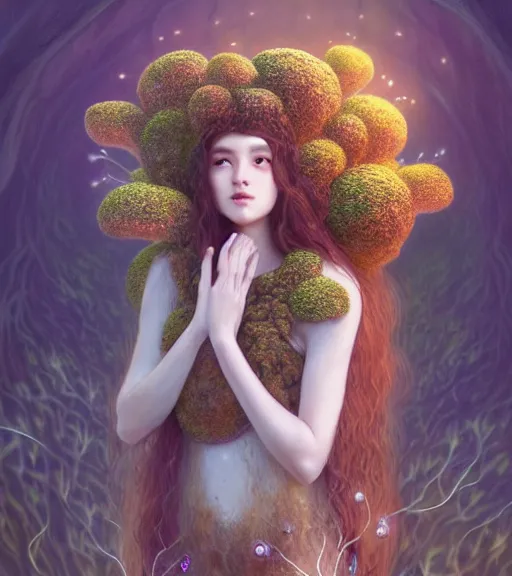 Prompt: full body portrait of teenage mushroom queen, long winding mycelium hair, peaceful expression, wearing clothing of lichen and fungus, bone jewelry, intricate, elegant, gem jewelry, mushroom cave, glowing lights, highly detailed, digital painting, artstation, concept art, smooth, sharp focus, illustration art by wlop, mucha, artgerm, and greg rutkowski