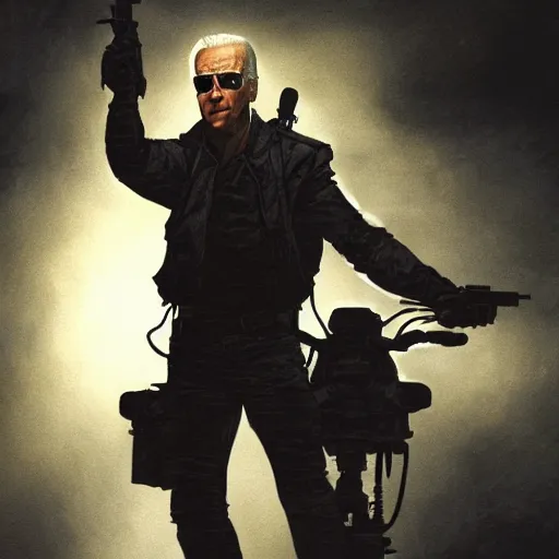 Image similar to joe biden as the terminator, dramatic lighting, cinematic, establishing shot, extremly high detail, photorealistic, cinematic lighting, artstation, style by James Gurney